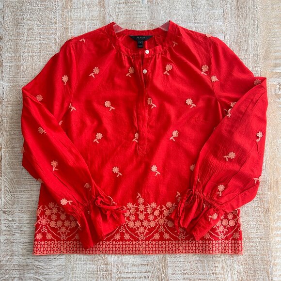 J. Crew Floral Applique Embroidered Cotton Voile Peasant Blouse/Top/Shirt Small - Picture 3 of 10